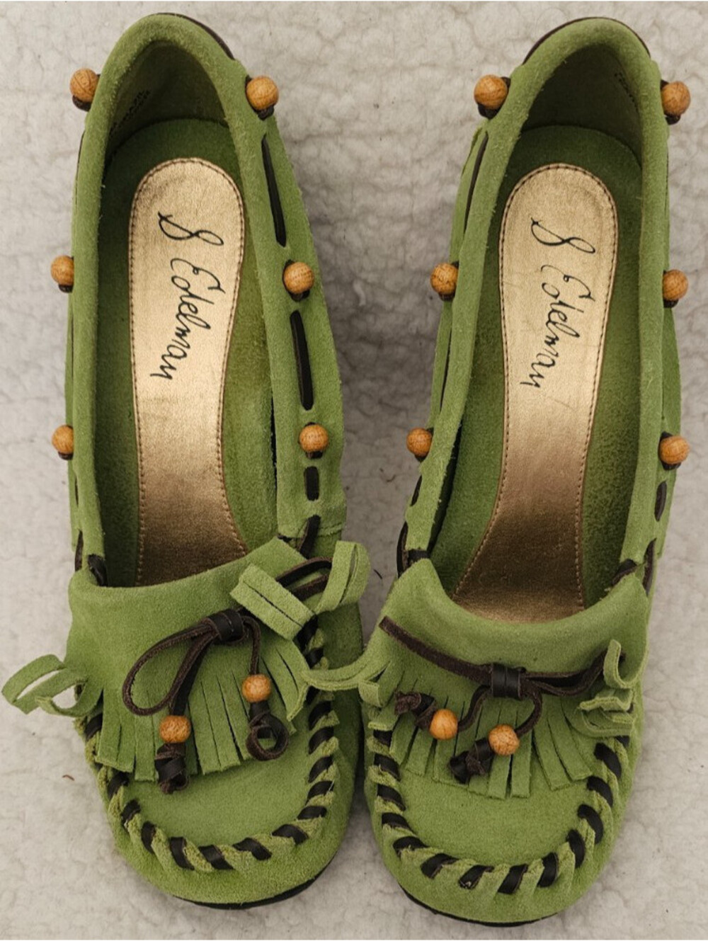 Sam Edelman Leather Wooden Heel Wedge Shoes Moccasins Green Size 8.5 M Slip On - Picture 2 of 15